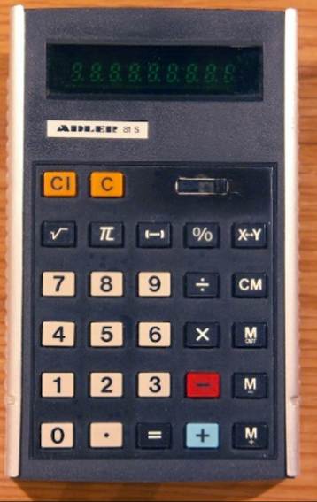 A grey calculator with white buttons
Description automatically generated